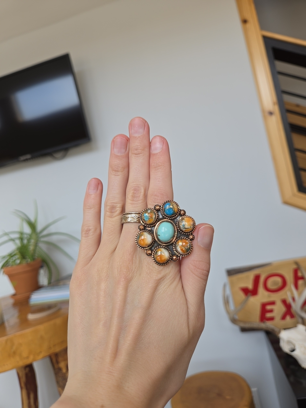 Spiny Oyster And Turquoise Copper Cluster Ring 58